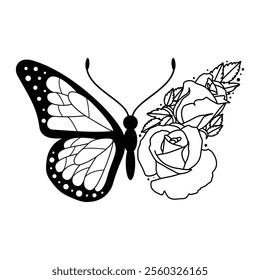 Roses in Flight the Butterfly's Blooming Journey, Black and White Botanical Logo the Timeless Allure of Roses