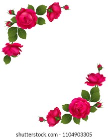 Roses. Floral background. Flowers. Bouquet. Flower pattern. Petals. Buds. Border. Red. Green leaves.