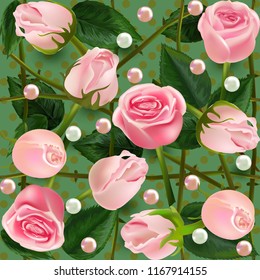 Roses. floral background of flowers roses and pearls. Wallpaper. Background. Textile. A seamless pattern that repeats from pearls and pink roses. Wedding dressing. Festive card