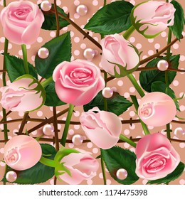 Roses. floral background of flowers roses and pearls. Wallpaper. Background. Textile. A seamless pattern that repeats from pearls and pink roses. Wedding dressing. Festive card