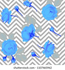 Roses. Floral background. Flowers. Seamless pattern. Leaves. Butons. Blue.