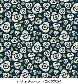 Roses floral vector seamless pattern. White on dark blue backdrop.