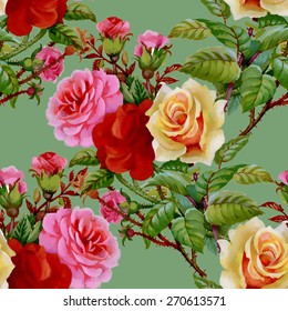 Roses floral watercolor seamless pattern background on green background vector illustration