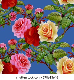 Roses floral watercolor seamless pattern background on blue background vector illustration