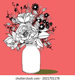 Roses flower bouquet in blank vase isolated on white. Hand drawn vector line art elegant floral composition for invitation card, poster design, colouring page, wedding decoration