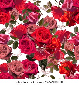 Roses flower with butterfly seamless pattern - vector illustration