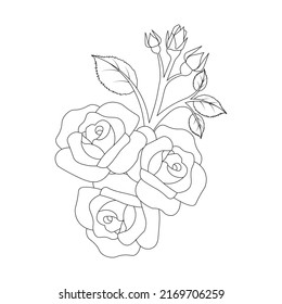 roses flower doodle repeat pattern with line art coloring page drawing of monochrome sketch design