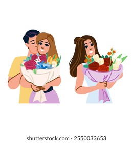 roses flower gift  vector.  tulips lilies, orchids daisies, peonies carnations roses flower gift character. people flat cartoon illustration