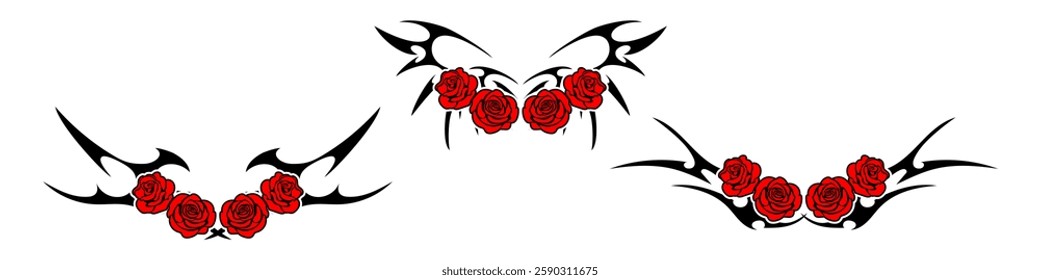 roses flower with Neo tribal y2k gothic style tattoo Cyber sigilism spikes and sparks for streetwear print designs, spiky y2k aesthetic