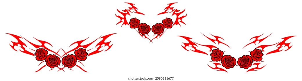 roses flower with Neo tribal y2k gothic style tattoo Cyber sigilism spikes and sparks for streetwear print designs, spiky y2k aesthetic