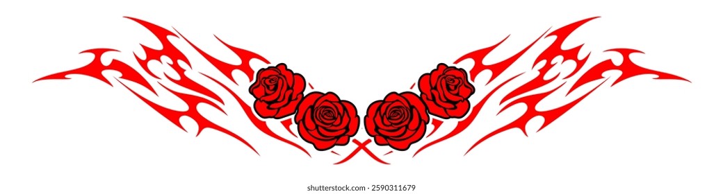 roses flower with Neo tribal y2k gothic style tattoo Cyber sigilism spikes and sparks for streetwear print designs, spiky y2k aesthetic