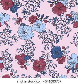 Roses flower pattern on a pink background. Vector.