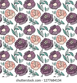 Roses flower seamless pattern. Hand drawn background with flowers and leaves on white. Vector botany floral design element  