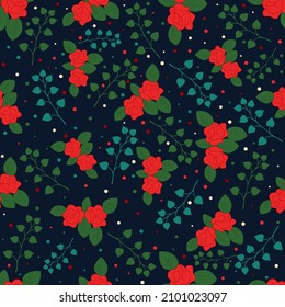 Roses flower seamless pattern with leaves