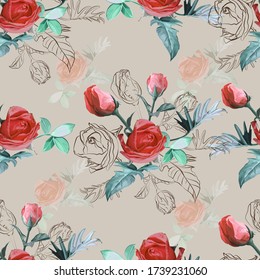 Roses flower  seamless pattern in vintage style vector illustration