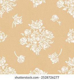 Roses. Flower Seamless Vector Beige Pattern. Rose Flowers and Leaves. Vintage Monochrome Floral Background.