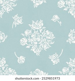 Roses. Flower Seamless Vector Blue Pattern. Rose Flowers and Leaves. Monochrome Vintage Floral Background.