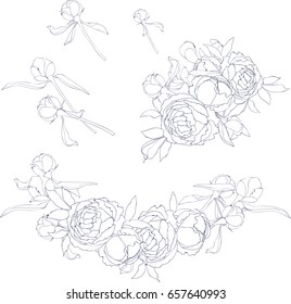 Roses flower set for coloring page. Decor elements for greeting cards, wedding invitations, birthday and other celebrations. Black and white