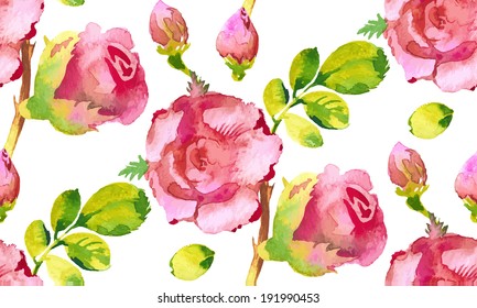 Roses flower watercolor seamless pattern. Vector illustration