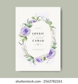 roses flower wedding invitation card with golden line