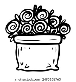 Roses in a flowerpot bag doodle. Bouquet of flowers. Gardening. Hand drawn vector line art illustration.
