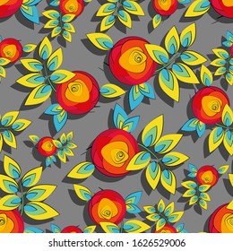 Roses. Flowers background. Vector pattern on a gray background with bright decorative flowers. Design for textiles, holiday gift wrapping, wallpaper. Seamless template.