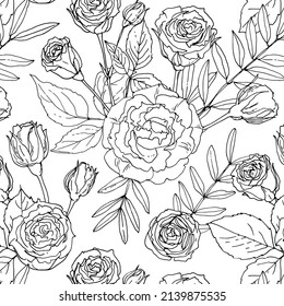 Roses Flowers black line pattern. Vector sketch of flowers. 