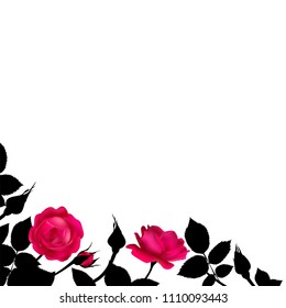 Roses. Flowers. Border. Floral background. Buds. Leaves. Red. Vector illustration. Flower pattern. Silhouettes. 