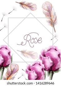 Roses flowers bouquet and feathers. Wedding card with colorful flowers Vector watercolor. Vintage delicate light floral decor