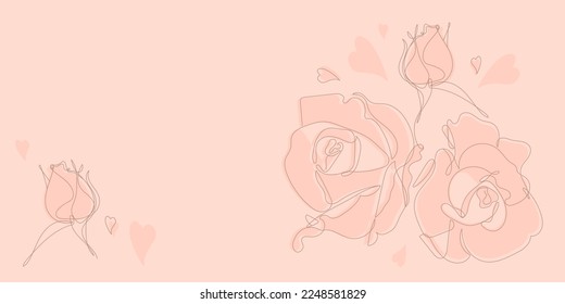 Roses flowers in continuous line drawing style. One line minimalist style sketch with hearts for print, banner, card or invitation.