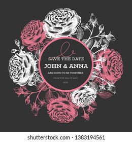 Roses flowers design template. Hand drawn vector illustrations on chalk board. Botanical vintage background. Flower wreath