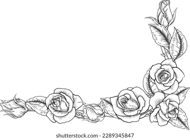 Roses flowers floral corner design in a woodcut vintage style 