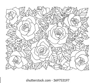Roses flowers, floral pattern background. Vector artwork. Coloring book page for adult. Love bohemia concept for wedding invitation, card, ticket, branding, boutique logo, label.  Black, white