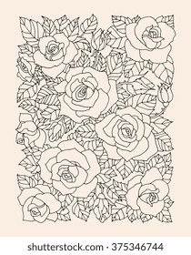 Roses flowers, floral pattern background. Vector detailed artwork. Love bohemia concept for wedding invitation, card, ticket, branding, boutique logo, label.  Black, beige colors