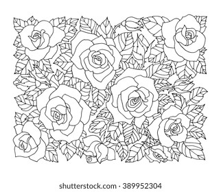 Roses flowers, floral pattern background. Vector artwork. Coloring book page for adult. Love bohemia concept for wedding invitation, card, ticket, branding, boutique logo, label.  Black, white