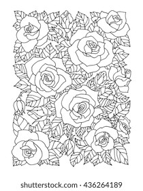 Roses flowers, floral pattern background. Vector artwork. Coloring book page for adult. Love bohemia concept for wedding invitation, card, ticket, branding, boutique.  Black, white roses