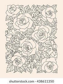 Roses flowers, floral pattern background. Vector artwork. Love bohemia concept for wedding invitation, card, ticket. Black, beige colors