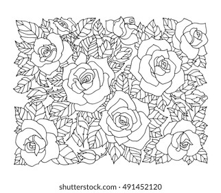 Roses flowers, floral pattern background. Vector artwork. Coloring book page for adult. Love bohemia concept for wedding invitation, card, ticket, branding, boutique logo, label.  Black, white