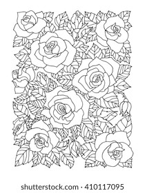 Flores rosas, motivos florales. Obra artística de flores de rosa vectorial.Colorante página del libro para adultos. Concepto de bohemia amorosa para invitación de boda, tarjeta, boleto, marca, logo boutique, etiqueta.  Rosas blancas y negras