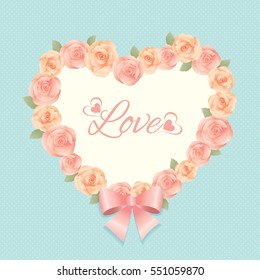 Roses flowers heart bouquet wreath decorated with pink ribbon bow on blue background for Valentine's day.Vintage style pastel colors.