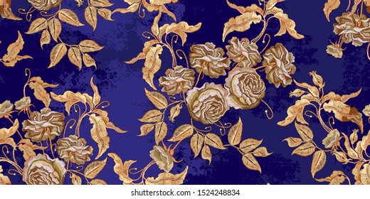 Roses flowers horizontal seamless pattern. Embroidery. Fashionable medieval template of clothes. Renaissance art 