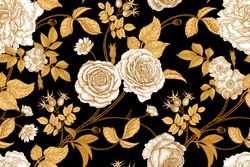 Roses, Flowers, Leaves, Branches And Berries Of Dog Rose. Floral Vintage Seamless Pattern. Gold, Lack And White. Oriental Style. Vector Illustration Art. For Design Textiles, Paper, Wallpaper.