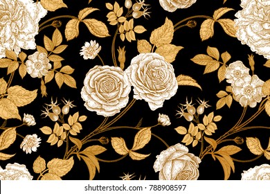 Roses, flowers, leaves, branches and berries of dog rose. Floral vintage seamless pattern. Gold, lack and white. Oriental style. Vector illustration art. For design textiles, paper, wallpaper.