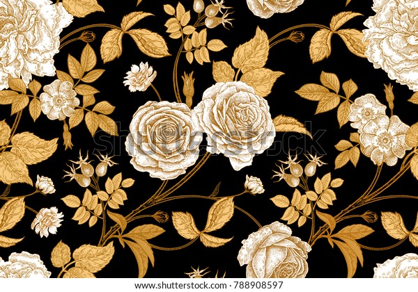 Roses, flowers, leaves, branches and berries of dog rose. Floral vintage seamless pattern. Gold, lack and white. Oriental style. Vector illustration art. For design textiles, paper, wallpaper.