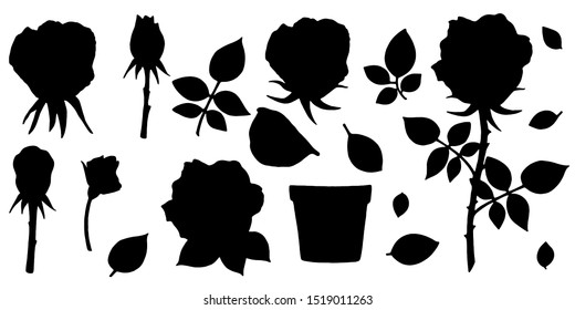 Roses flowers, leaves, bud, petal, flower pot black silhouettes set. Isolated on white background