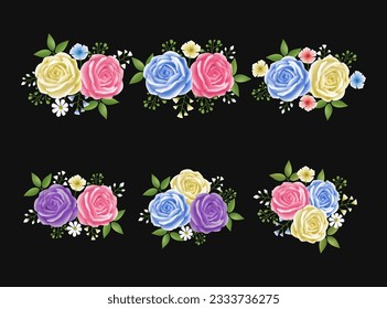 Roses flowers leaves garland with cyan, beige, pink and purple color set. Floral hand drawn for bouquets, wreaths, arrangements, wedding invitations