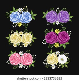 Roses flowers leaves garland with cyan, beige, pink and purple color set. Floral hand drawn for bouquets, wreaths, arrangements, wedding invitations, anniversary, birthday, postcards, greetings