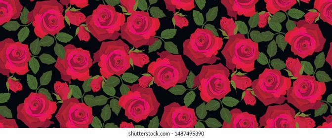 Roses Flowers and leaves on black background. Seamless pattern in provence style. Vector illustration