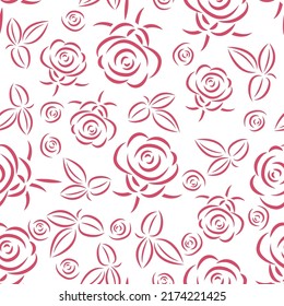 Roses flowers and leaves, seamless pattern. Linear simple style. Cute design for clothes, paper, wallpaper, packaging. Vector drawing. Single color illustration. On a white background