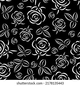 Rosen Blumen und Blätter, nahtloses Muster. Linearer einfacher Stil. Cute Design für Kleidung, Papier, Tapete, Verpackung. Vektorgrafik, Schwarz-Weiß-Illustration